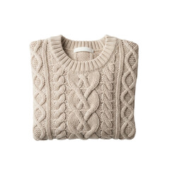 Neatly folded beige cable-knit wool sweater in a minimalist flat lay on a transparent background with copy space, cozy hygge lifestyle concept