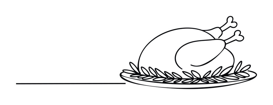 Simple outline of a roasted turkey on a platter garnished with leaves, suitable for foodrelated graphics and holiday promotions.