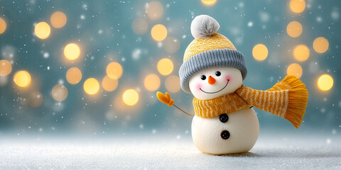Cheerful Snowman in Winter Wonderland with Bokeh Lights