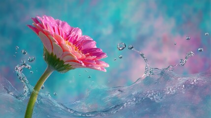 A pink flower emerges from crystal-clear water with a soft, pastel sky.