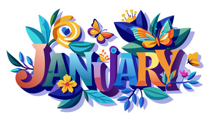 Obraz premium Vector illustration of the word ‘JANUARY’ decorated with delicate floral elements, petals, butterflies and leafy accents