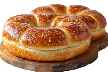 Golden Challah Bread on Wooden Board Fresh Baked Holiday Bread Round Braided Loaf Baking Still Life