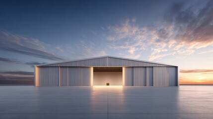 Fototapeta premium Sunset Hangar Silhouette: Capturing the grandeur of an industrial hangar at sunset, its metallic structure silhouetted against the vibrant sky.
