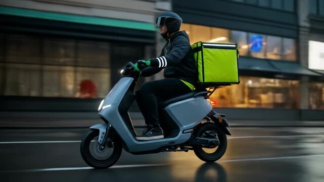 A man delivery rider with a green insulated box on a scooter is riding in a street, urban food or package fast delivery service concept.