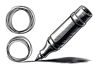 Sketch marker drawing circles with engraved shading for graphic design concept and educational material usage