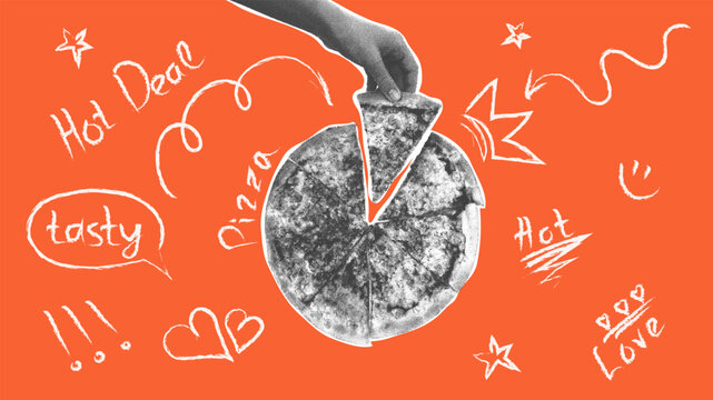 A delicious slice of pizza and hand-drawn doodles. A trendy halftone collage. Monochrome elements. Creative design. Food concept, restaurant and cafe menu template. - Powered by Adobe