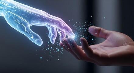 Futuristic connection between human and artificial intelligence hands generating glowing particles, representing digital collaboration and technology.