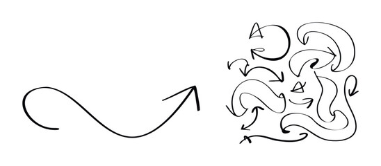 Collection of hand drawn sketchy arrows pointing in various directions symbolizing choices and movement, ideal for infographics and presentations