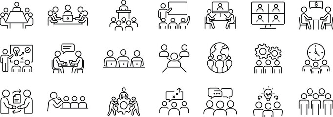 Business Teamwork & Collaboration Line Icon Set. Office Communication, Team Management, Meeting, Office Activities, Strategy, Planning, Leadership, Training, Presentation Outline Icons