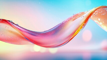 A flowing, abstract wave of liquid with bubbles, set against a blurred, colorful background with bokeh.