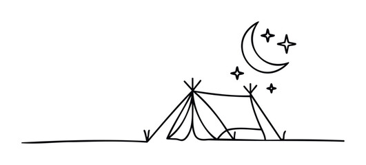 Simple line drawing of a tent under a crescent moon and stars, perfect for outdoor adventures, camping themes, and seasonal greetings.