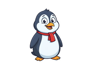 Obraz premium Cute cartoon penguin wearing a red scarf with a cheerful expression and open beak on a transparent background