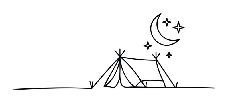 Fototapeta Simple line drawing of a tent under a crescent moon and stars, perfect for outdoor adventures, camping themes, and seasonal greetings.