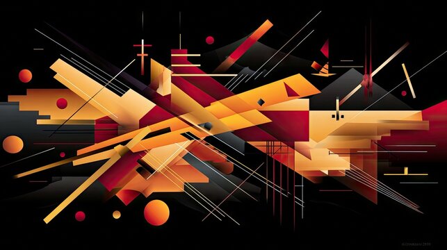 An abstract, geometric composition featuring overlapping shapes, lines, and gradients in shades of orange, red, and black. The artwork conveys a sense of dynami