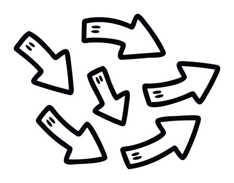 Multiple hand drawn arrows pointing inward symbolizing convergence, direction, focus, and shared goals for a project or campaign graphic.