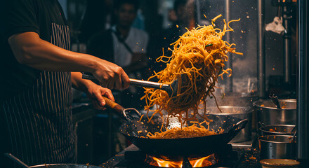 Chef stir-frying noodles in a wok with fiery toss, street food cooking action