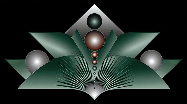 An abstract digital artwork featuring geometric shapes, spheres, and lines in shades of green, gray, and brown against a black background.
