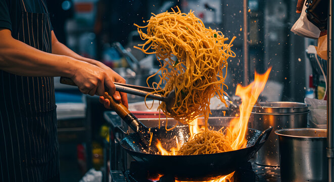 Fiery wok cooking: Chef stir-frying and tossing noodles with high flames. Dynamic Asian street food preparation.