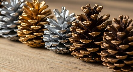 Row of beautifully decorated pinecones in metallic silver and bronze hues for festive holiday decor