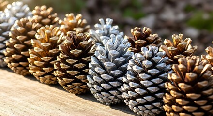 A row of natural and painted pinecones displayed in a line on a wooden surface