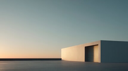 Fototapeta premium Modern Architectural Design in the Sunset: A minimalist, geometric structure stands serenely under the vast sky, illuminated by the gentle hues of the setting sun.