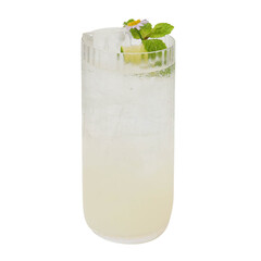 A refreshing beverage with mint leaves and a delicate flower in a tall glass