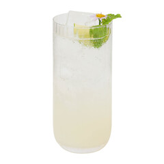 A refreshing cocktail in a tall glass, garnished with a flower and mint