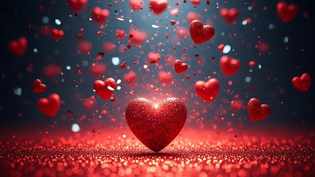 Glitter Red Hearts Falling Romantic Love Background Illustration