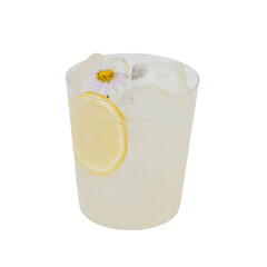 A refreshing glass of lemonade, adorned with lemon slice and a flower, with ice cubes for cooling