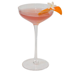 Elegant cocktail in a stemmed glass garnished with an orange slice and flower. The drink is a light pink color.
