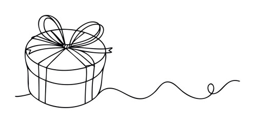 Simple line drawing of a round gift box with a ribbon and bow, perfect for celebrations, birthdays, and holiday themes, evoking a sense of joy and surprise for your next project.