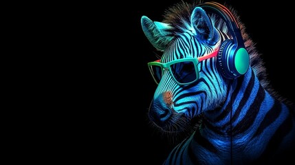 Cool Zebra Grooving at a Neon Music Party with Funky Stripes, Sunglasses, and Headphones