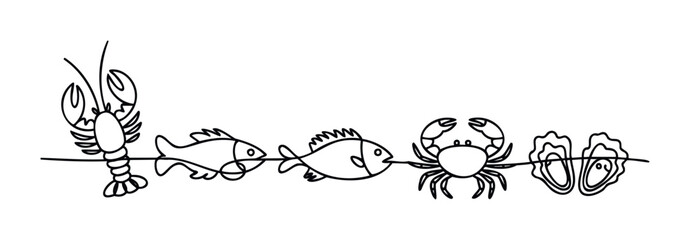 Line drawing of seafood including a lobster, fish, crab, and oysters connected sequentially for culinary themes or seafood restaurant advertising