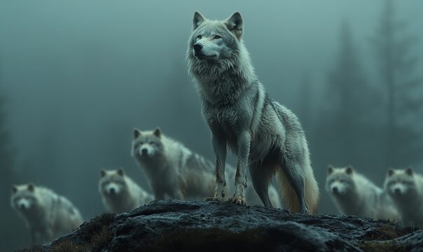 Majestic alpha wolf stands on rock, leading its pack in misty wilderness