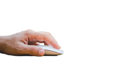 Close-up of hand using a white computer pointing device, against a black background