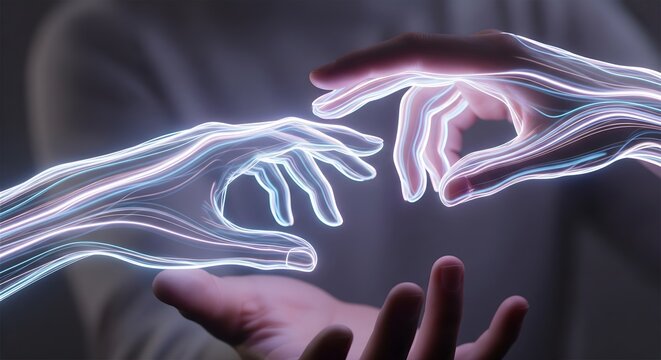 Digital connection abstract concept showing two human hands reaching out, enveloped by glowing futuristic light streams in a dark setting. - Powered by Adobe