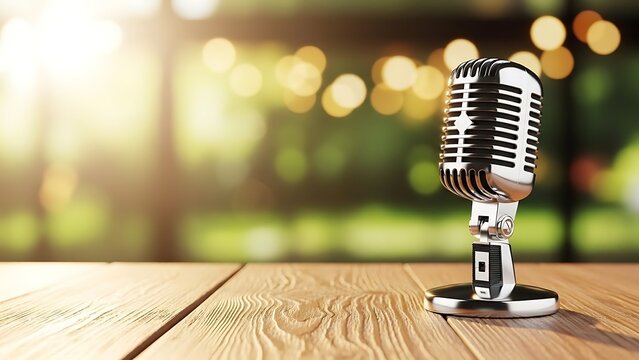 vintage microphone resting on a wooden table symbolizing nostalgia and the art of broadcasting for world radio day