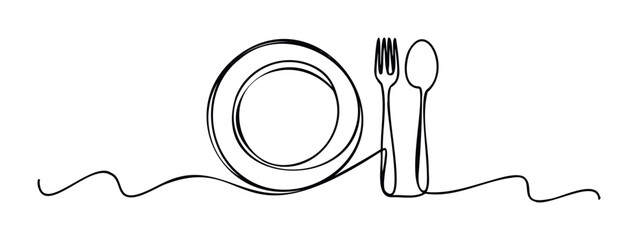 Minimalist single line drawing of a plate with fork and spoon, perfect for restaurant menus, food blogs, and culinary branding applications representing dining and meals.