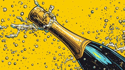 Champagne bottle bursting with bubbles against a bright yellow background