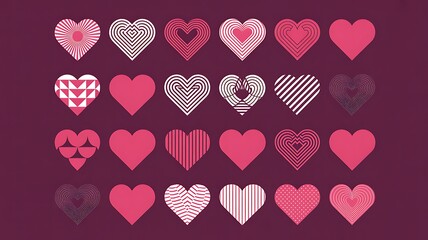 Artistic array of patterned and solid hearts in various pink and white hues, ideal for love, romance, and celebration