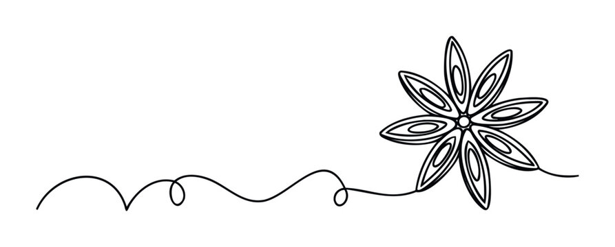 Single line drawing of star anise spice with flowing wavy line, perfect for food branding, culinary websites, and graphic projects needing a natural touch.