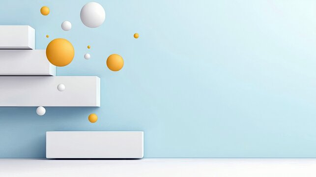 An abstract composition featuring white rectangular shapes and floating spheres in various sizes and colors against a light blue backdrop.