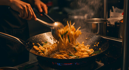 Hands stir-frying fresh Asian noodles in a hot wok with steam, cooking delicious street food over a gas flame