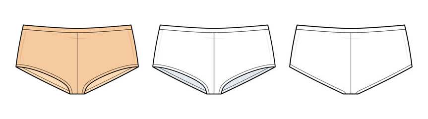 Low-Waist Boyshorts Technical Fashion Illustration. Low-Rise Women&rsquo;s Underwear Vector Template with Front, and Back Views. Soft Seam Details and Clean Contour Lines. CAD Mockup Set for Designers