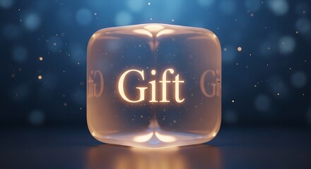 Glowing transparent cylinder with the word gift illuminated inside on a dark blue background