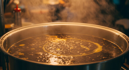 Vigorously boiling dark liquid in a large pot with rising steam, preparing food