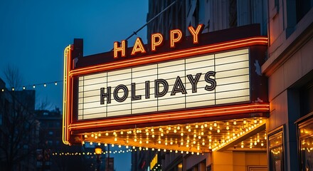 Vintage marquee sign illuminates the night with a joyful happy holidays message