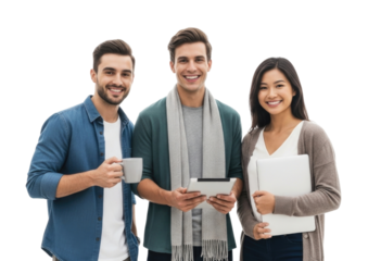 Three friends holding coffee and tablet transparent background cutout png