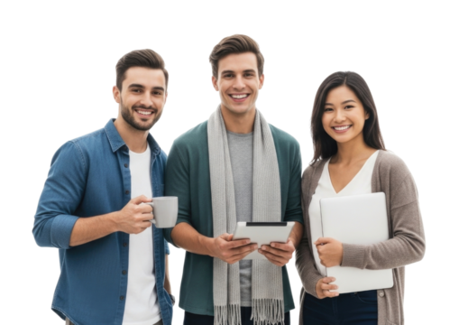 Three friends holding coffee and tablet transparent background cutout png - Powered by Adobe