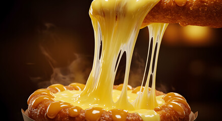 Golden fried dough stick dipping into hot, stretchy melted cheese, creating appetizing gooey strings from a warm bowl